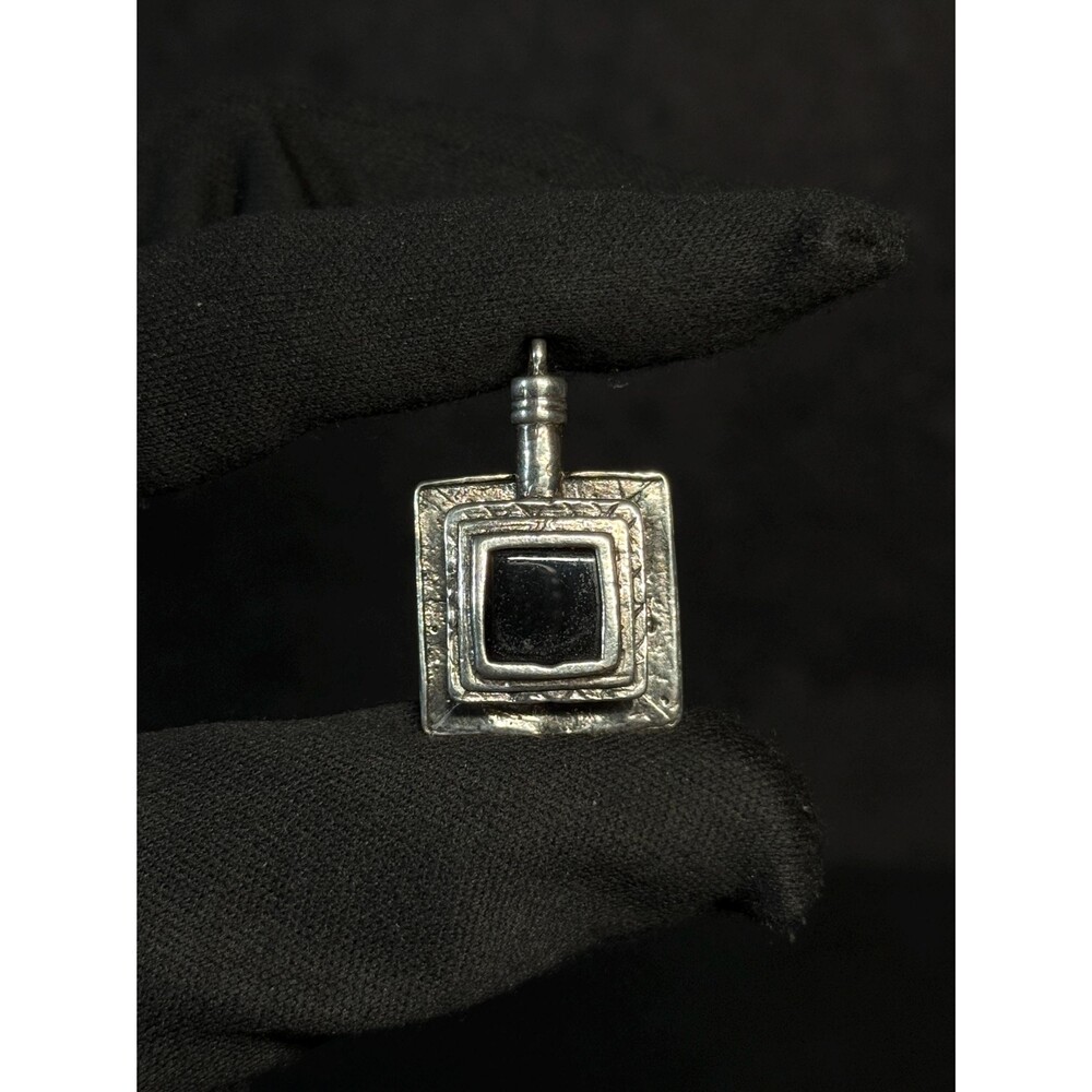 Vintage 925 Sterling Silver Black Onyx Layered Square Pendant